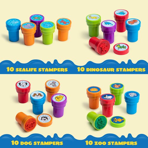 JOYIN 100PCS Assorted Stamps for Kids Self-Ink Stamps for Party Favor, Teacher Stamps, Kids Treasure Box, Prize for Classroom, Easter Egg Stuffers (50 Designs, Dinosaur, Halloween Stampers)