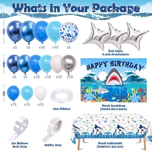 Winrayk 145Pcs Shark Birthday Party Decorations Supplies for Kids Boys, Shark Balloon Garland Arch Birthday Backdrop Tablecloth Star Balloons, Ocean Themed Party Decorations Shark Birthday Decorations