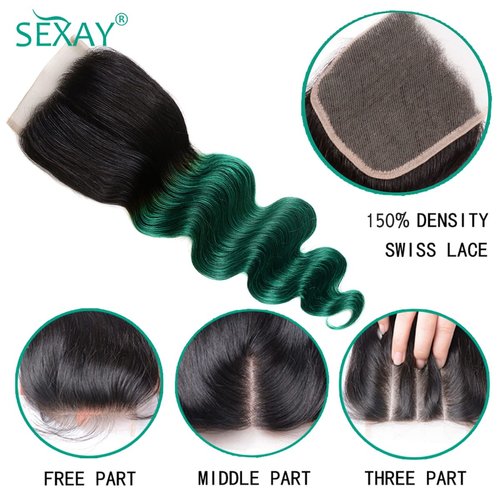 SEXAY 4X4 Green Lace Closure Body Wave Brazilian Virgin Human Hair Extensions Ombre Free Part Closure Pre Plucked With Baby Hair For Black Women 1B/Green Color(12 inch)