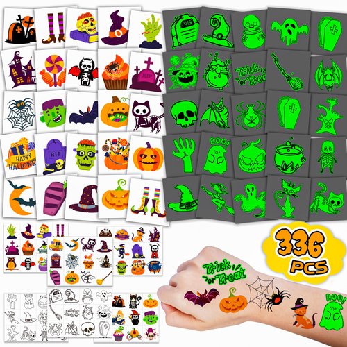 336 PCS Halloween Tattoos for Kids Assorted Glow in the Dark Temporary Tattoos Colorful Tattoo Stickers Halloween Party Favors Decorations Goodie Bag Fillers for Boys Girls