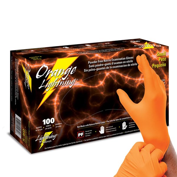 Atlantic Safety Products Orange Lightning Exam Gloves, Disposable, Powder-Free Nitrile Gloves, Orange, Small, 100-Ct