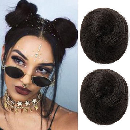 REECHO Space Bun Hair Pieces, 2 PCS Mini Claw Clip in Messy & Cat Ears Fake Hair Bun Extensions HB001 Wig Accessory Updo Hairpieces for Women Girls (Pack of 2-3" Straight, Black Brown)