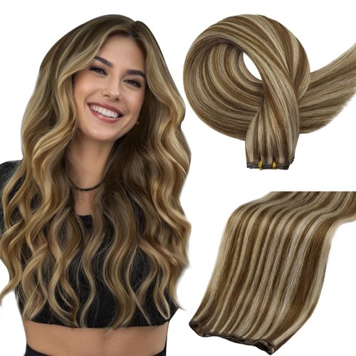Full Shine 22 Inch Genius Weft Hair Extensions Human Hair Hand Tied Weft Extensions Remy Hair Weft For Women Sew In Extensions Soft Silky Hair Color Medium Brown Highlight Honey Blonde 60G