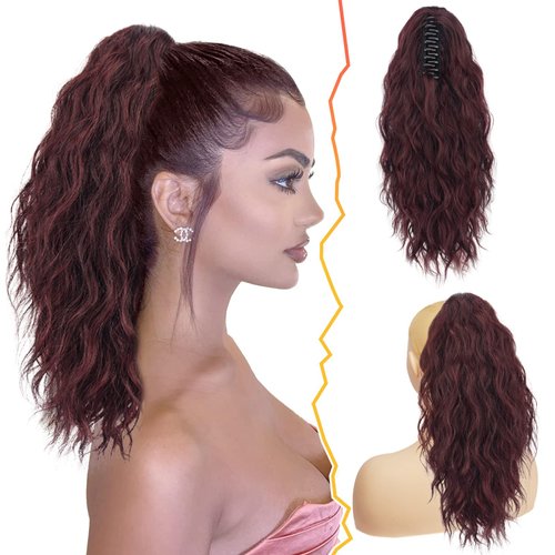 BARSDAR Red Ponytail Extension - 18 Inch Claw Clip Ponytail Hair Extensions for Women - Curly Wavy Multi Layered Synthetic Clip in Ponytail Hairpieces Daily Party Halloween - Dark Burgundy