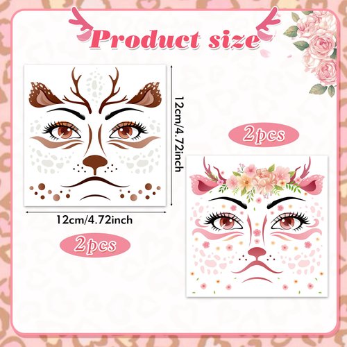HOWAF 4 Sheets Deer Face Tattoos, Deer Full Face Temporary Tattoos Deer Face Decals for Adults Man or Women Birthday Makeup Decoration, Deer Animal Tattoos Halloween Deer Fake tattoos