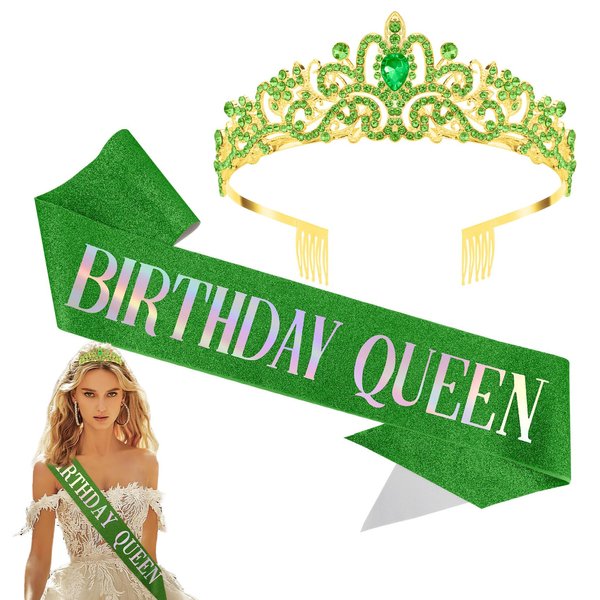 Tiaras for Women,Birthday Sash for Women,Birthday Queen Sash,Birthday Sash and Crown,Birthday Sash and Tiara for Women,Birthday Tiara for Women,Queen Crown,Green birthday decorations,Green crown