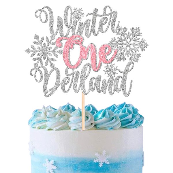 1 Pack Winter Onederland Cake Topper Glitter Winter Snowflake Cake Pick Decorations for Winter Wonderland Snowflake 1st Birthday Theme Baby Shower Kids Party Supplies Silver