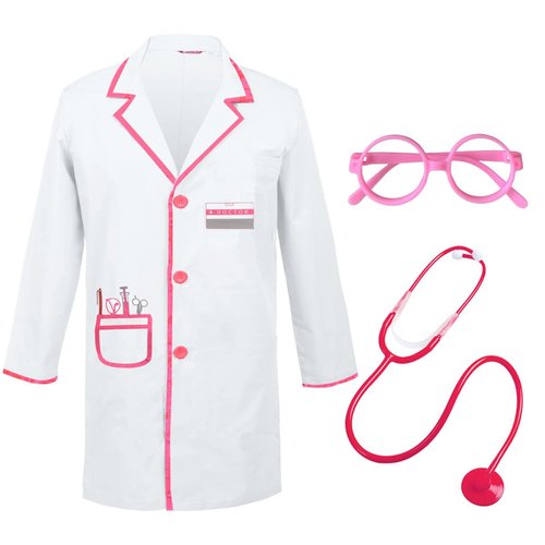 Lrrtwer Doctor Costume for Kids Girls Doctor Lab Coat Outfits Costume with Working Stethosco (Pink, 5-6 Y)