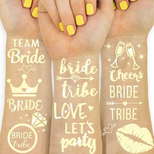 16 PCS Cheers Bachelorette Temporary Tattoos For Women Men Adults, Flash Glitter Gold Metallic Tattoos Girls Bachelor Party Favor Supplies Decoration, Bridesmaid Team Bride Tribe Love Lips Kiss Sets