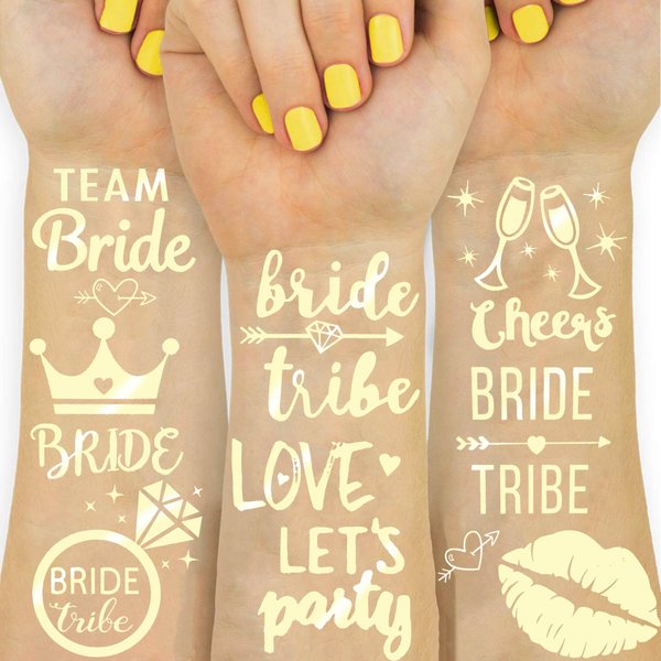 16 PCS Cheers Bachelorette Temporary Tattoos For Women Men Adults, Flash Glitter Gold Metallic Tattoos Girls Bachelor Party Favor Supplies Decoration, Bridesmaid Team Bride Tribe Love Lips Kiss Sets