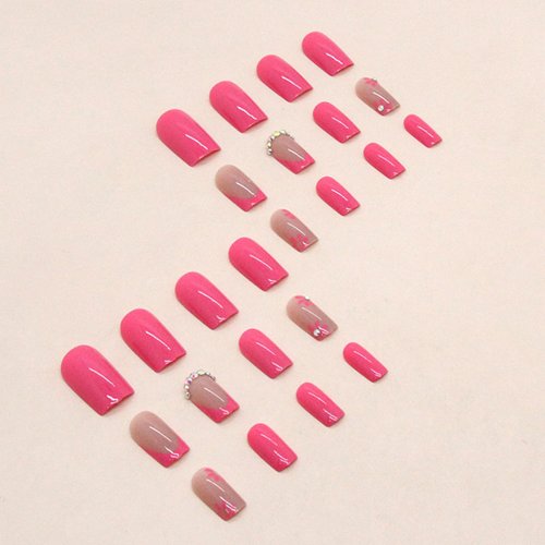 Medium Square Press on Nails Summer Hot Pink Flower Fake Nails French Tip Nails Glossy Nude Pink Acrylic Full Cover with Rhinestone Daisy Design Glue on Artificial Stick on Nails for Women 24PCS
