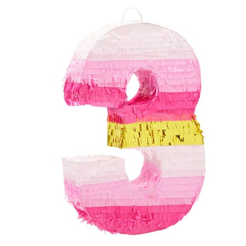 BLUE PANDA Number 3 Pinata, Pink and Gold for Girls 3rd Birthday Party Decorations, Small, 16.5x11x3 in