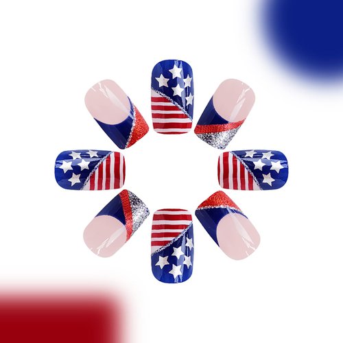 4th of July Press on Nails Short Square Fake Nails Independence Day False Nails with American Flag & Glitter Design Red Blue Acrylic Nails Stick on Nails for Women Girls 4th of July Parade Manicure