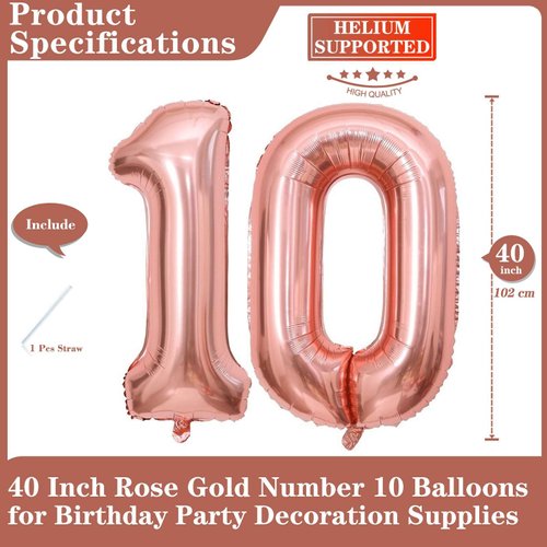 Rose Gold 10 Number Balloons, 40 Inch Giant Number 10 Balloons Foil Mylar Helium Rose Gold Number Balloons for 10th Birthday Party Supplies Anniversary Event Celebration Decorations