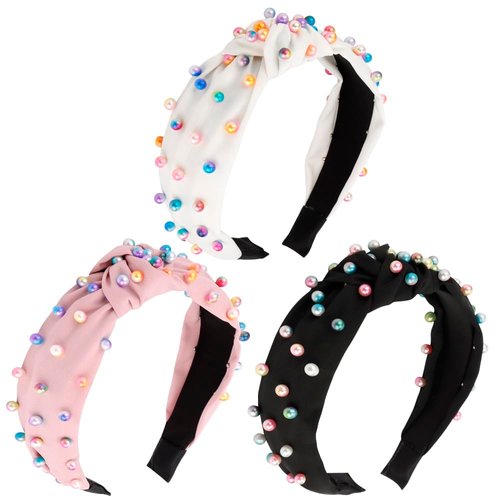 AOPRIE Pearl Headbands for Women Top Knotted Headbands for Girls Hair Bands for Women's Hair Solid Color Turban Wide Headbands for Women Black White Pink, 3 Pack