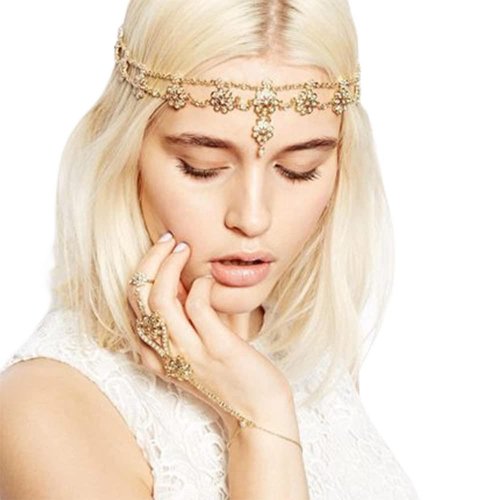 Anglacesmade Bridal Head Chain Rhinestone and Pearl Headband Bohemian Floral Wedding Headpiece Prom Party Festival Hair Accessories for Women and Girls(Gold)