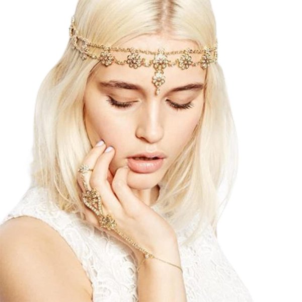 Anglacesmade Bridal Head Chain Rhinestone and Pearl Headband Bohemian Floral Wedding Headpiece Prom Party Festival Hair Accessories for Women and Girls(Gold)