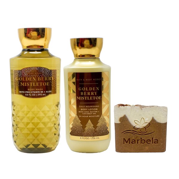 Bath & Body Works Golden Berry Mistletoe - Duo Gift Set - Body Wash and Body Lotion With a Yamma Jamma Bar Soap., brown