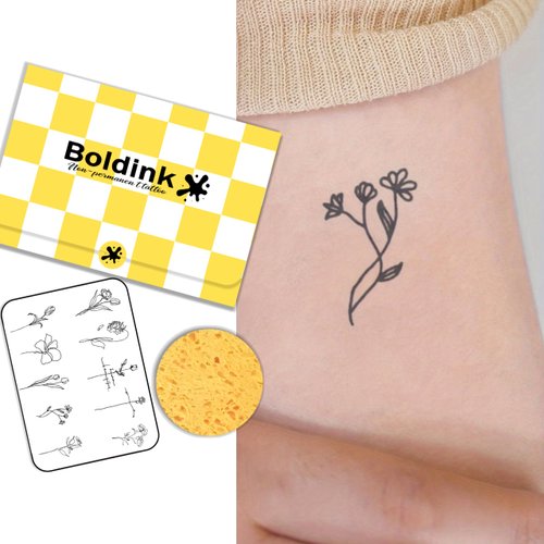 Boldink Semi-permanent tattoos, realistic fake tattoos, last 7-15 days, waterproof non-reflective temporary tattoo stickers, cruelty-free, uniquely designed exquisite packaging（Flower 2）