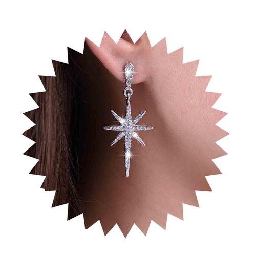 Sttiafay Vintage Crystal Northstar Dangle Earrings Rhinestone Northstar Studs Earrings Silver Cz Star Drop Earrings Sparkly Cz Starburst Earrings Jewelry for Women