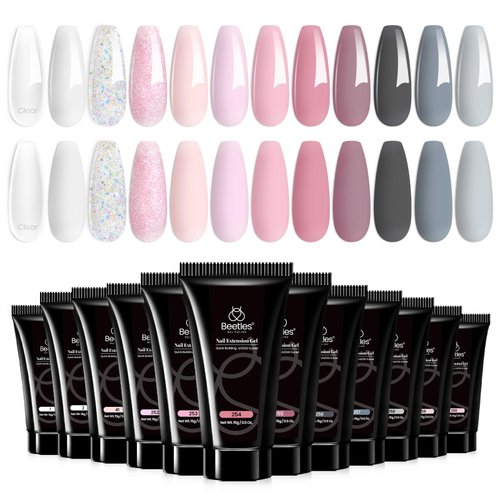 Beetles Poly Nail Extension Gel Kit,12 Colors Clear Nude Pink Glitter White Black Nail Gel Kit Trendy Quick Building Nail Enhancement Manicure Kit Nail Art Salon DIY Salon Gifts