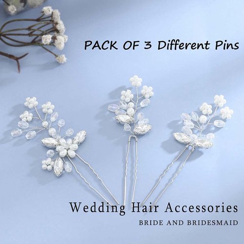 YBSHIN Pearl Bride Wedding Hair Pins Silver Crystal Hair Pieces Rhinestone Hair Clips Bridal Hair Accessories for Women and Girls (Pack of 3)