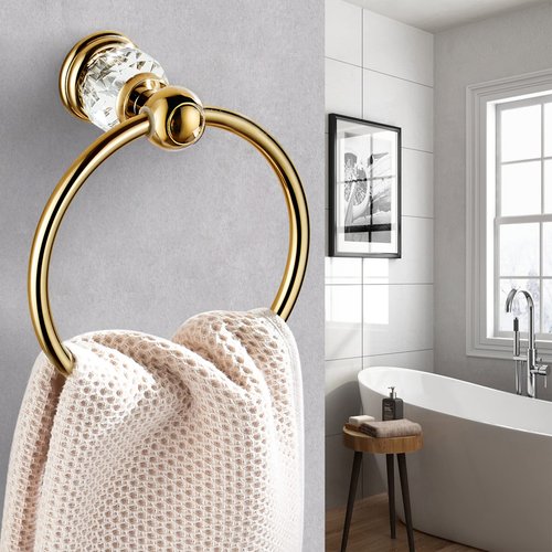 WINCASE Crystal Towel Ring, Gold Towel Holders for Bathrooms, Round Hand Towel Rack Wall Mounted Decorative