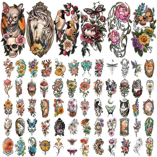 77 Sheets Temporary Tattoo, 17 Sheets Half Arm Cat Fox Owl Flower Buterfly Fake Tattoos for Adults Shoulder Neck, 60 Sheets Tiny Art Nouveau Temporary Tattoos Realistic for Women Girls and Kids