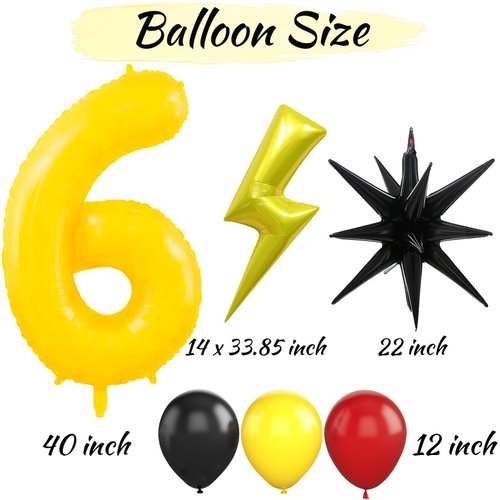 Red Black Yellow Number 6 Balloon Kit for Kids Party, 6 Balloon Cartoon Birthday Party Decorations, 6 Balloon Number for Kids Cartoon Birthday Party Decorations Supplies