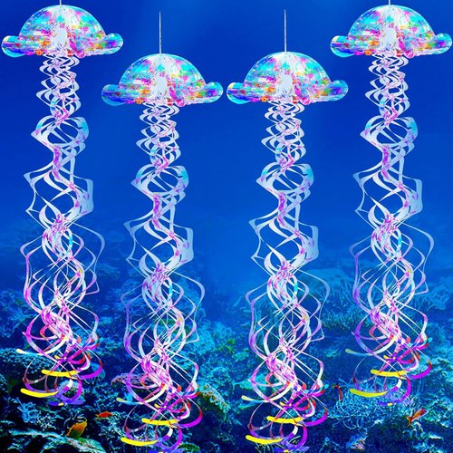 Nezyo 4 Pieces Glitter Iridescent Jellyfish Under The Sea Mermaid Party Decorations Hanging Jelly Fish Decor Ocean Theme Blue Birthday Wedding Baby Shower Party Supplies