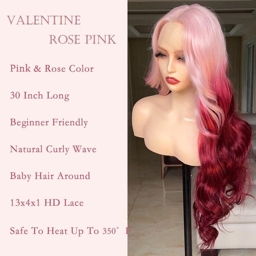 FABÉLLE Pink Wig Lace Front Wigs 30 Inch Glueless Wig Body Wave for Women Pre Plucked with Baby Hair Gradient Pink Color Synthetic Wig