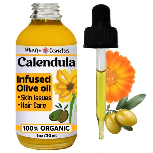 Organic Calendula oil/Infused in Olive oil/For all skin types or hair/Cold infused/Non-GMO / 100% Organic // Made in Canada - Muslim Cosmetics - Calendula Olive (1oz (30ml))