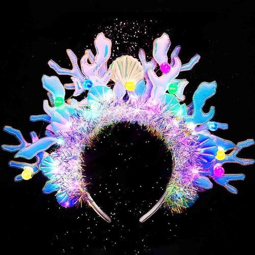 GENBREE Light Up Coral Headband Glowing Seashell Hair Band Pearls Rave Nightclub Costume Hair Accessories for Women