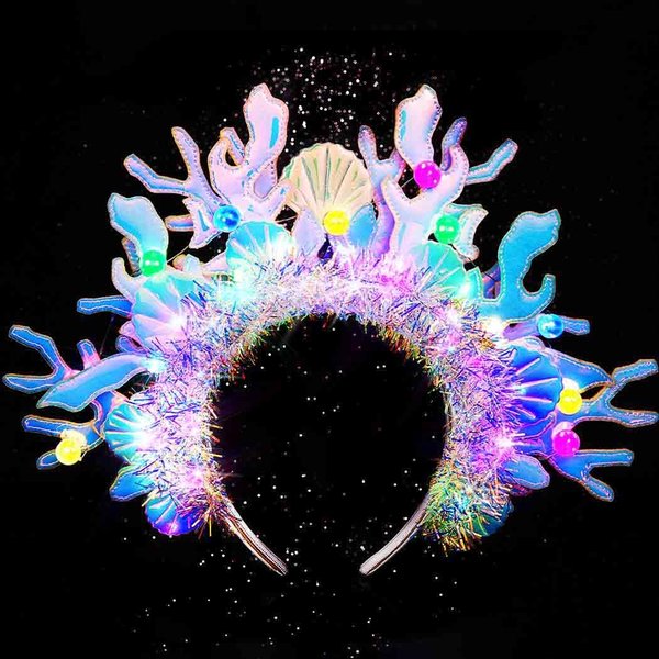 GENBREE Light Up Coral Headband Glowing Seashell Hair Band Pearls Rave Nightclub Costume Hair Accessories for Women