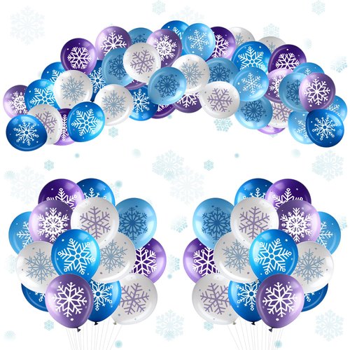 Suilung 50 Counts Winter Snowflake Balloons 12 Inch Balloon Garland Wonderland Latex White Blue Purple Balloons for Christmas Holiday Wedding Baby Shower Party Decoration Home Supplies