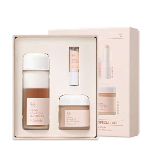 leegeehaam Dr.Ceuracle Vegan Kombucha Tea Special Set - Korean Hydrating and Nourishing Skincare Gift Set included Essence, Gel Cream, Lip Balm