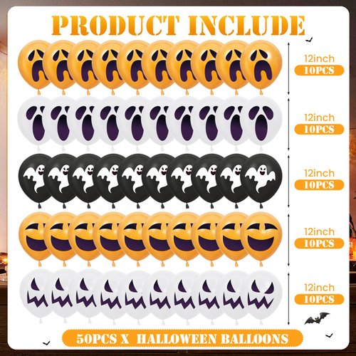 50Pcs Halloween Party Balloons Decorations Orange Black White Halloween Balloon 12 Inch Latex Balloons Ghost Devil Expression Balloon for Kids Trick or Treat Party Birthday Baby Shower Supplies