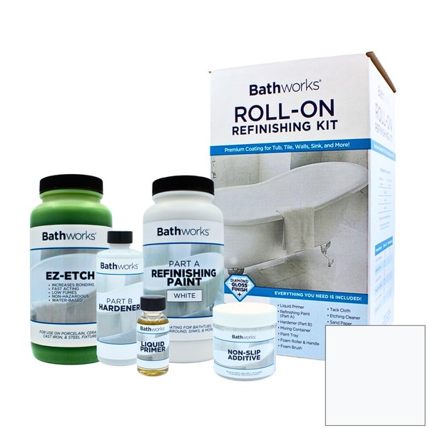 BATHWORKS Bathtub Refinishing Kit - Bundle- Premium Kit w/Non-Slip Protection White- 16 oz. EZ Etch Etching Paste; 24 Hour Dry time; Resin Finish