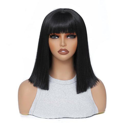 AGO Bob Wig with Bangs, Blunt Cut Bob Wig, Black Short Straight Hair for Women, 12 Inch Black Shoulder Length Synthetic Glueless Wigs for Daily, Party, Cosplay, Halloween