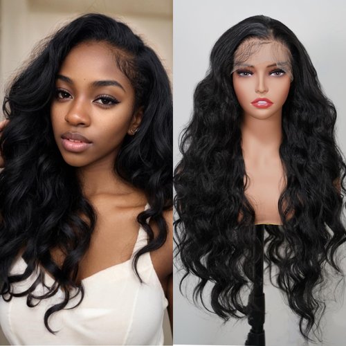 MISS FANCY 32 Inch Black Lace Front Wigs For Women 13X6 HD Frontal Lace Body Wave Wigs Long Curly Daily Replacement Wigs Natural Hairline Synthetic Glueless Wig Pre Cut With Baby Hair Wear and Go