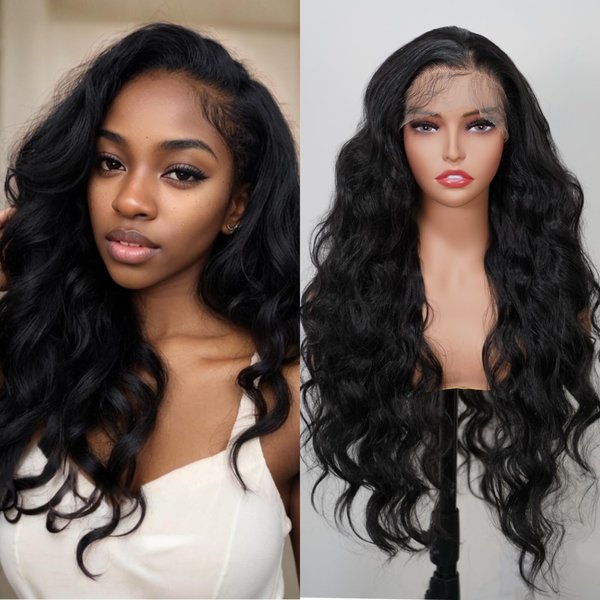 MISS FANCY 32 Inch Black Lace Front Wigs For Women 13X6 HD Frontal Lace Body Wave Wigs Long Curly Daily Replacement Wigs Natural Hairline Synthetic Glueless Wig Pre Cut With Baby Hair Wear and Go