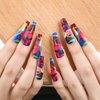 RUOKEXIN Acrylic Press on Nails Long Coffin Fake Nails with Nails Glue Long Ballet False Nails with Water Ripple Rainbow Designs Colorful Full Cover Artificial Nails Press Ons Stick on Nails 24Pcs