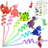 FZR Legend 24 Reusable Dinosaur Drinking Plastic Straws + 6 Dinosaur Temporary Tattoos for Kids Girls Boys | Dinosaur Birthday Party Supplies Three Rex Party Favors Decorations with Cleaning Brush