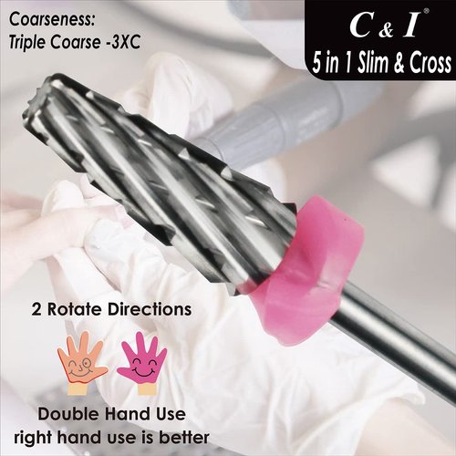 C & I 5 in 1 Nail Drill Bit, Cross & Slim Edition, Professional Nail Drills for Electric Manicure Drill Machine (Triple Coarse -3XC)