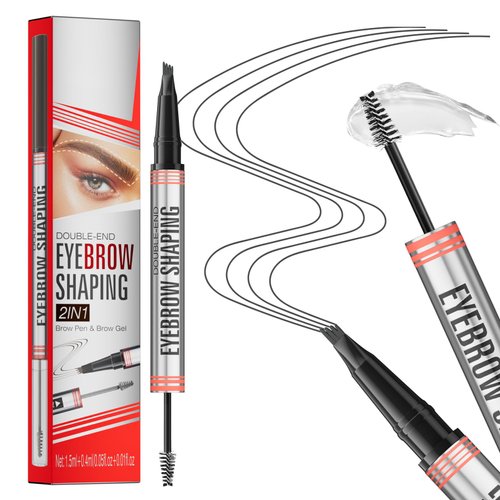 Microblading Eyebrow Pen,2-in-1 Eyebrow Pen and Sealing Brow Gel, 4-Fork-Tip Eyebrow Pencil,Waterproof Eyebrow Pencil,Long-Lasting Eyebrow Brush Eyebrow Pencil for Natural Looking(Gray)