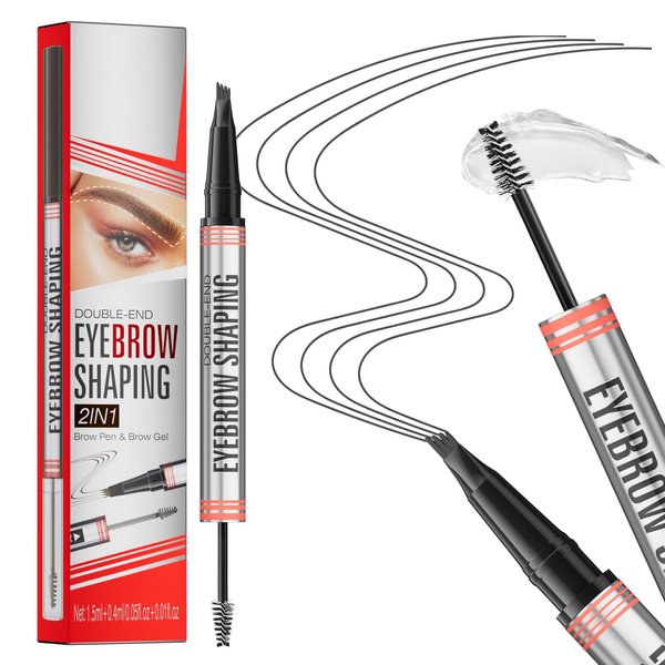Microblading Eyebrow Pen,2-in-1 Eyebrow Pen and Sealing Brow Gel, 4-Fork-Tip Eyebrow Pencil,Waterproof Eyebrow Pencil,Long-Lasting Eyebrow Brush Eyebrow Pencil for Natural Looking(Gray)