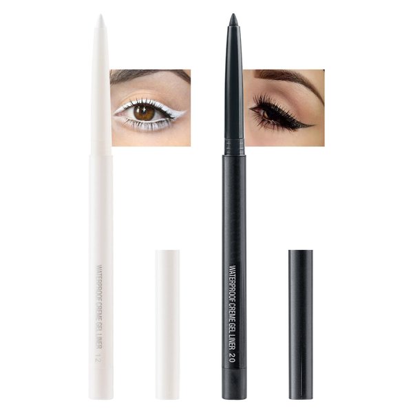 White & Black Gel Eyeliner,2 Colors Eyeliner Crayon Pencils,Waterproof Long Lasting Smudge-Proof Retractable Eyeliner Pen,Matte Cream Waterline Eyeliner for Mature Women Gel Delineador De Ojos(12+20)