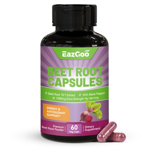 EAZGOO Beet Root Capsules 1000mg Per Serving, Supports Nitric Oxide Production & Blood Pressure, with Black Pepper Extract, Non-GMO, Gluten Free, Vegan - 60 Counts