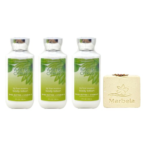 Bath & Body Works White Citrus 3 Pack Body Lotion Gift Set with a Creamy Rose Bar Soap - Full Size