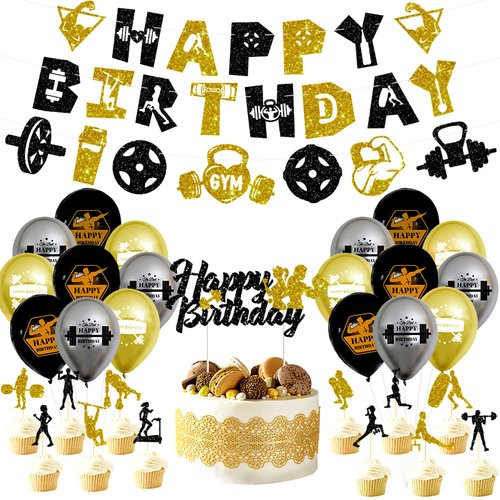 KEFAN Gym Birthday Party Decorations, Weight Lifting Party Supplies, Black and Gold Fitness Themed Party Decorations with Latex Balloons Fitness Cake Topper Glitter Gym Happy Birthday Banner